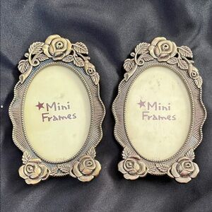 2 Vtg Look Brass ? Rose Theme Mini Picture Photo Frames Roses Floral